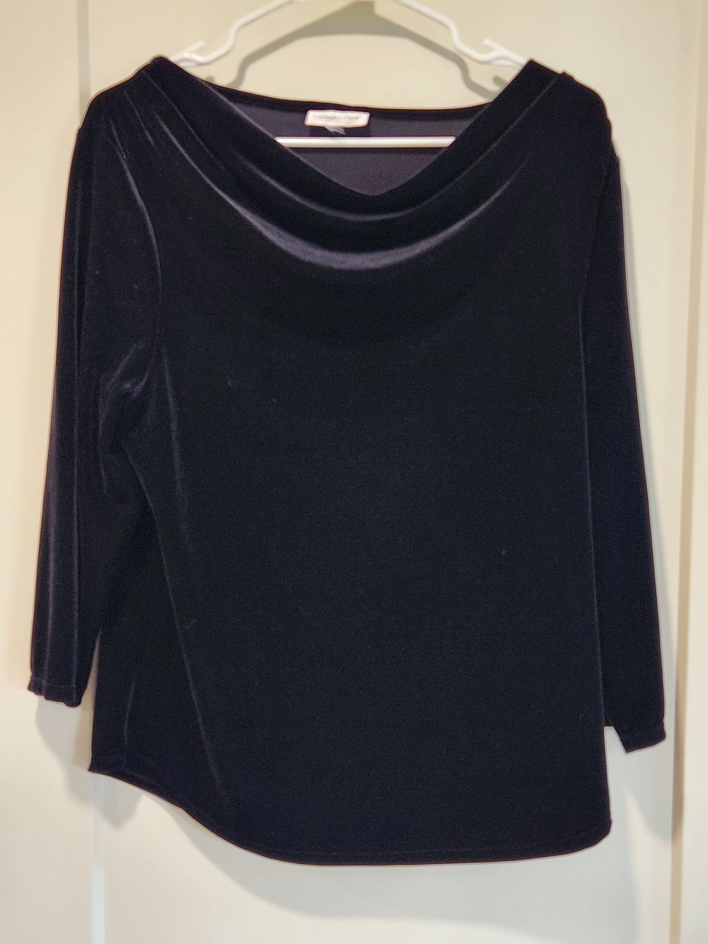 Coldwater Creek Black Velour Cowl Neck Top 3/4 Sleeve Stretch Velvet Blouse M